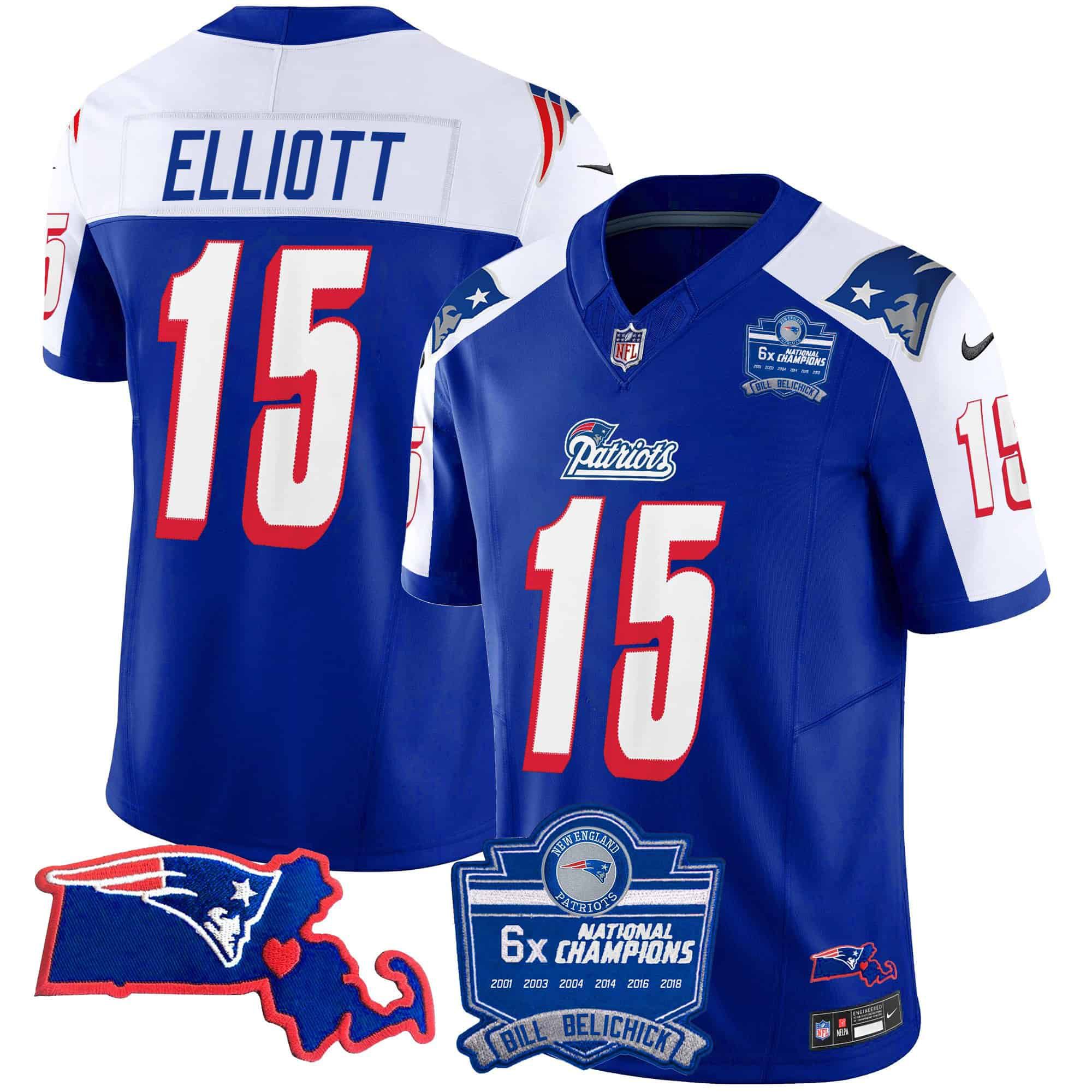 Men New England Patriots 15 Elliott Blue 2024 Nike 6x Champions Patch Vapor Limited NFL Jersey